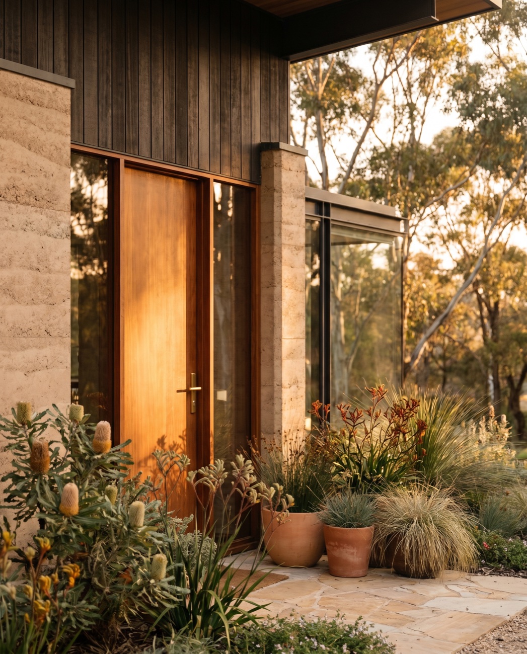 The warm front entrance of a modern Australian home at golden hour